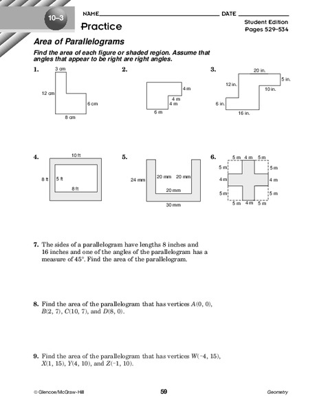 Area of Parallelograms Worksheet