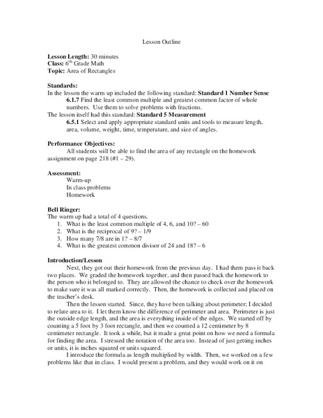 Area of Rectangles Lesson Plan