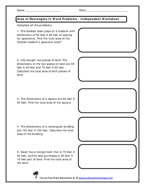 Area of Rectangles in Word Problems Worksheet