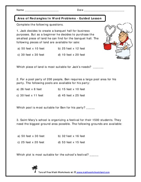 Area of Rectangles in Word Problems Worksheet