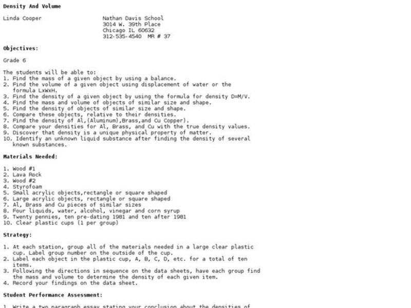 Density And Volume Lesson Plan