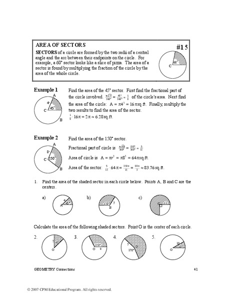 Area of Sectors Worksheet