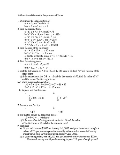 Arithmetic and Geometric Sequences Worksheet