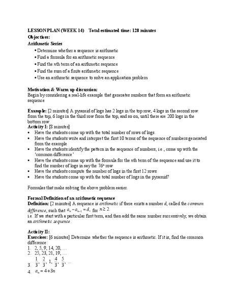 Arithmetic Sequences Lesson Plan
