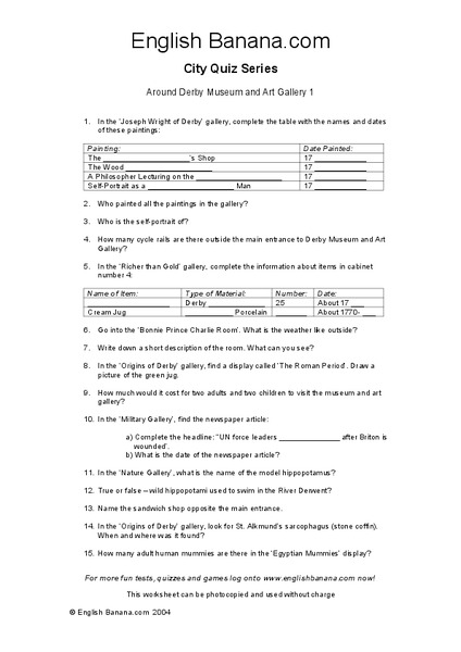 Around Derby Museum and Art Gallery Worksheet