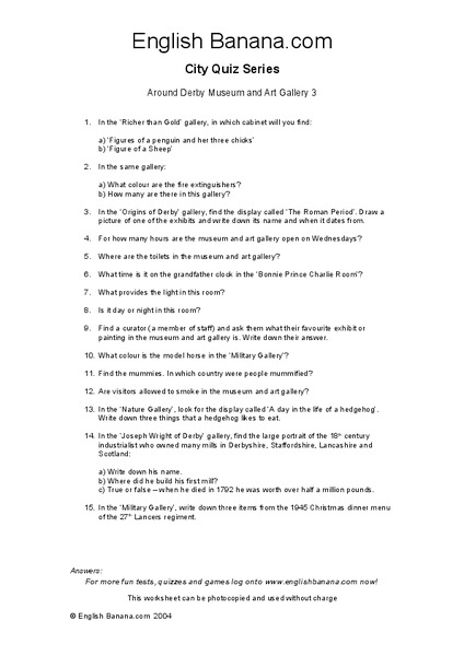 Around Derby Museum and Art Gallery 3 Worksheet