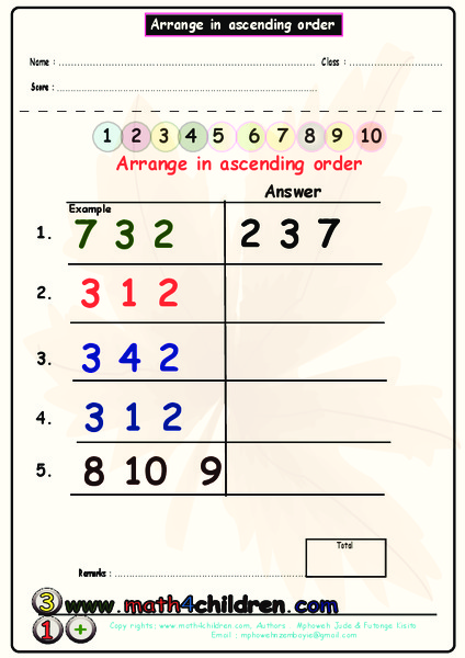Arrange in Ascending Order Worksheet