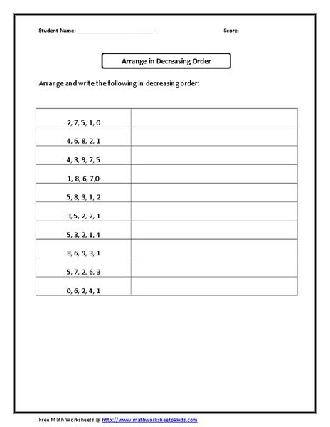 Arrange in Decreasing Order Worksheet