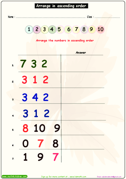 Arrange in Ascending Order Worksheet