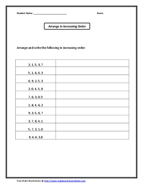 Arrange in Increasing Order Worksheet