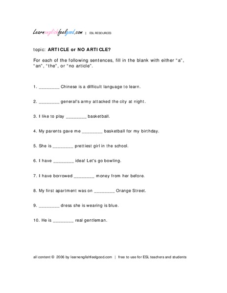 Article or No Article? Worksheet