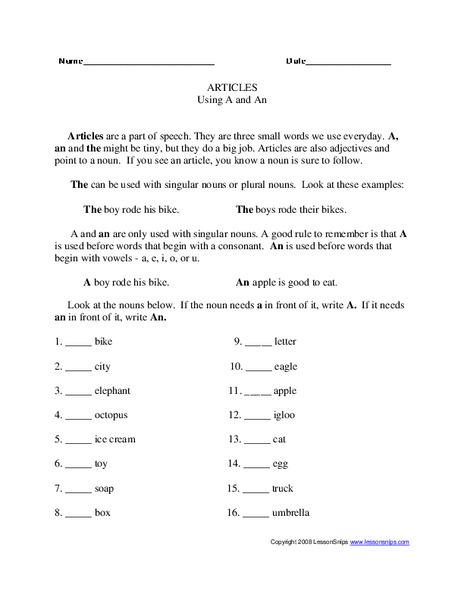 Articles Worksheet
