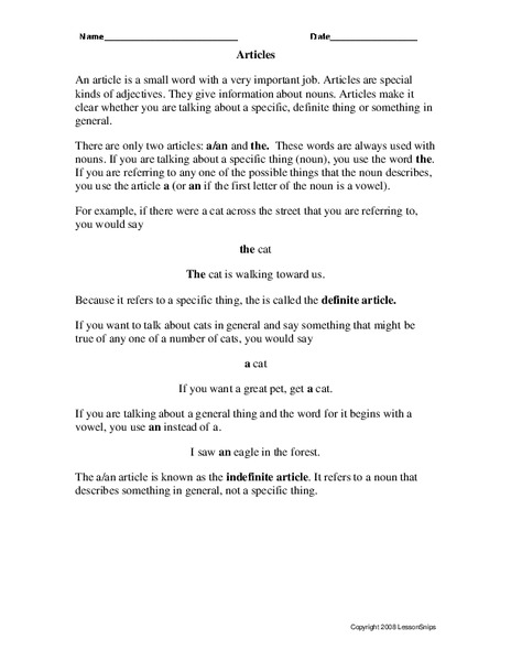 Articles Worksheet
