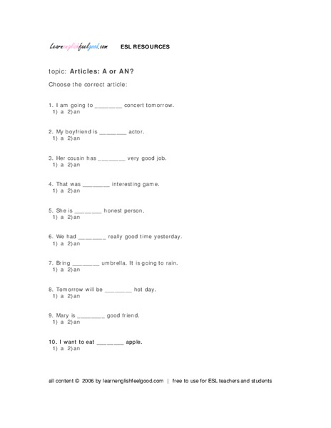 Articles: A or An? Worksheet