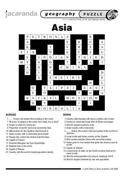 Asia Crossword Worksheet