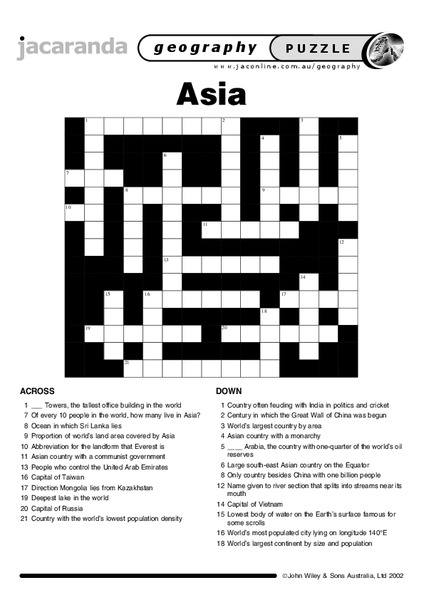 Asia Crossword Worksheet
