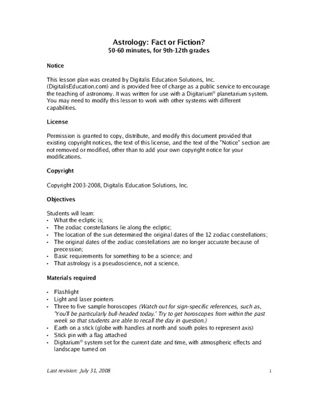 Astrology: Fact Or Fiction? Lesson Plan