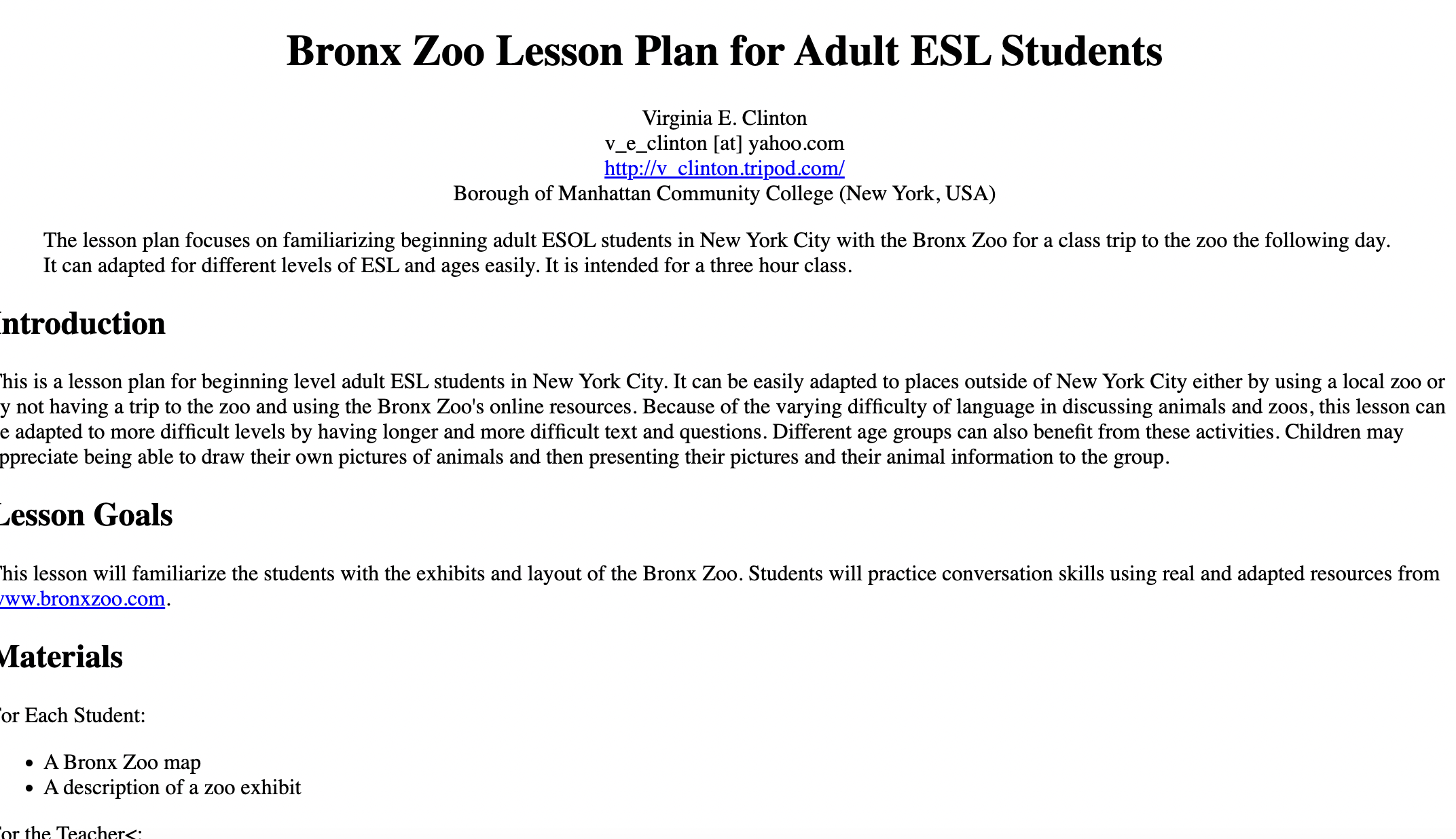 Bronx Zoo Lesson Plan