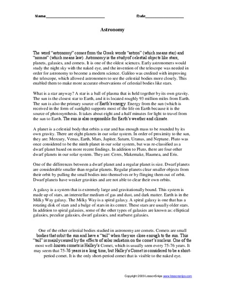 Astronomy Worksheet