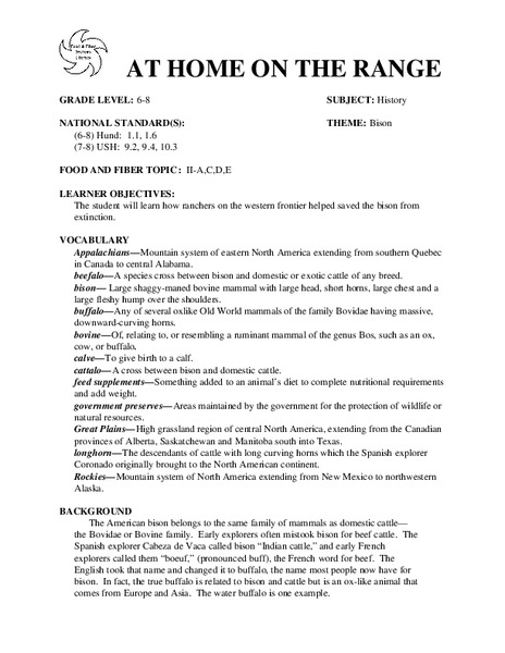 AT HOME ON THE RANGE Lesson Plan