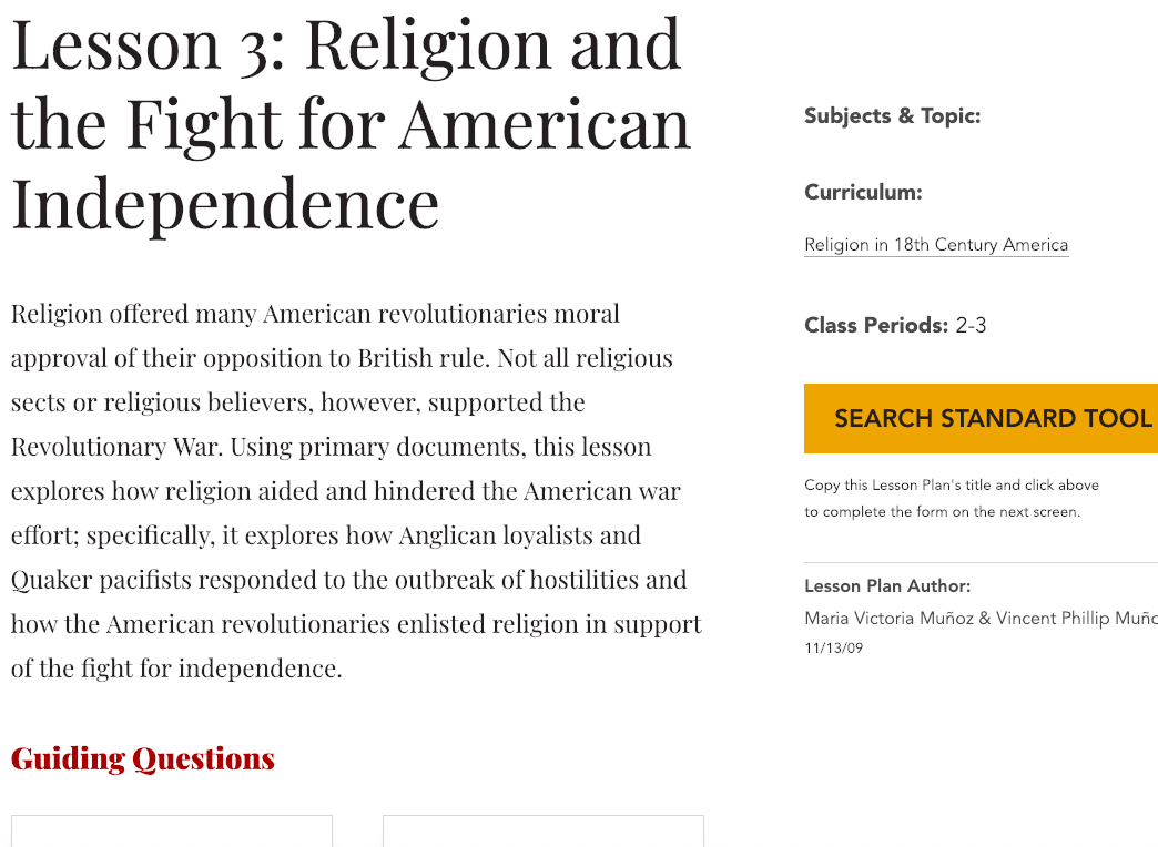 Lesson 3: Religion and the Fight for American Independence Lesson Plan