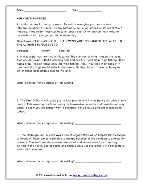 Author's Purpose Worksheet