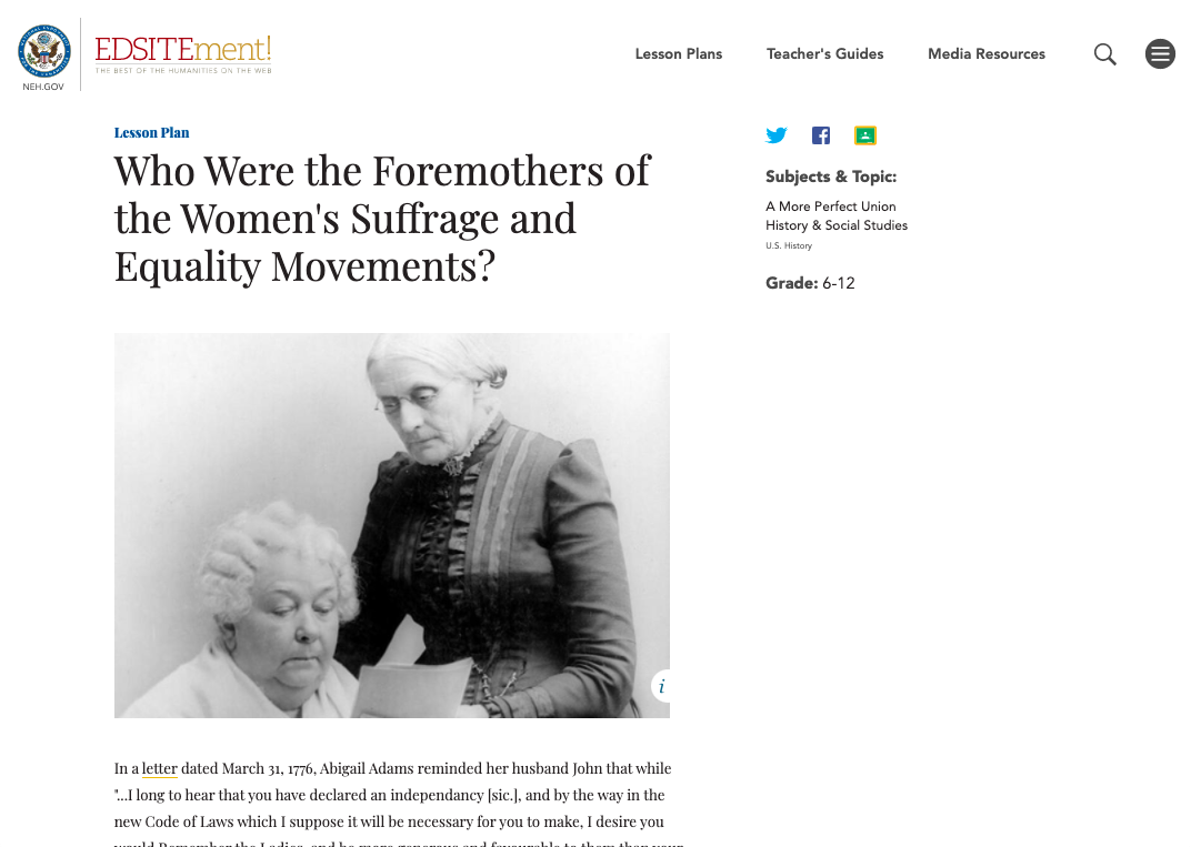 Who Were the Foremothers of the Women's Suffrage and Equality Movements? Lesson Plan