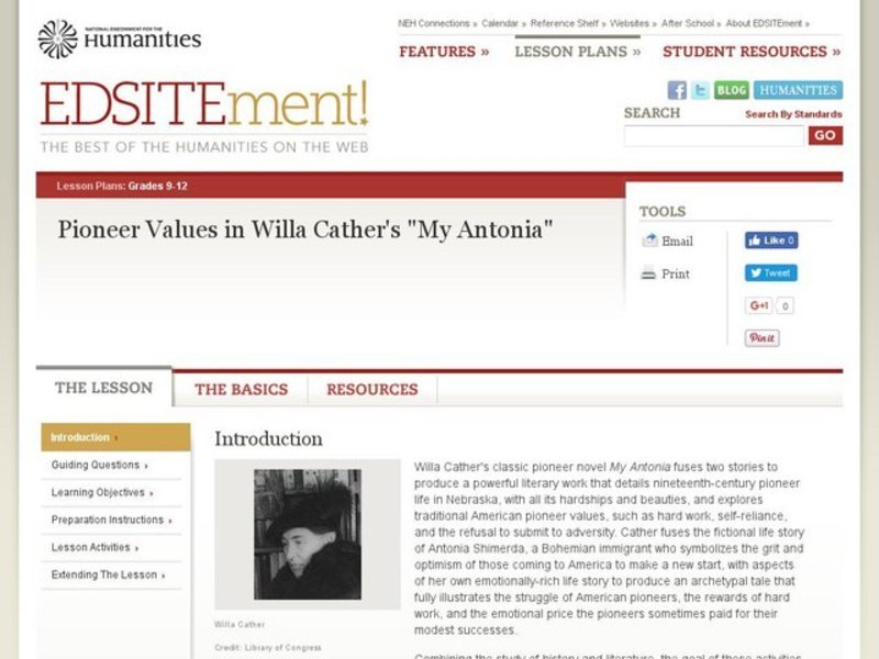 Pioneer Values in Willa Cather's My Antonia Lesson Plan