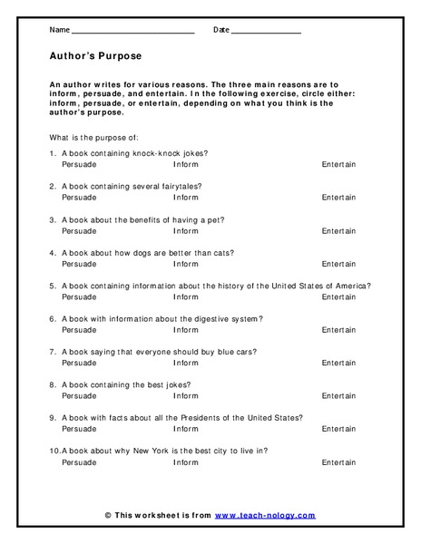 Author’s Purpose Worksheet