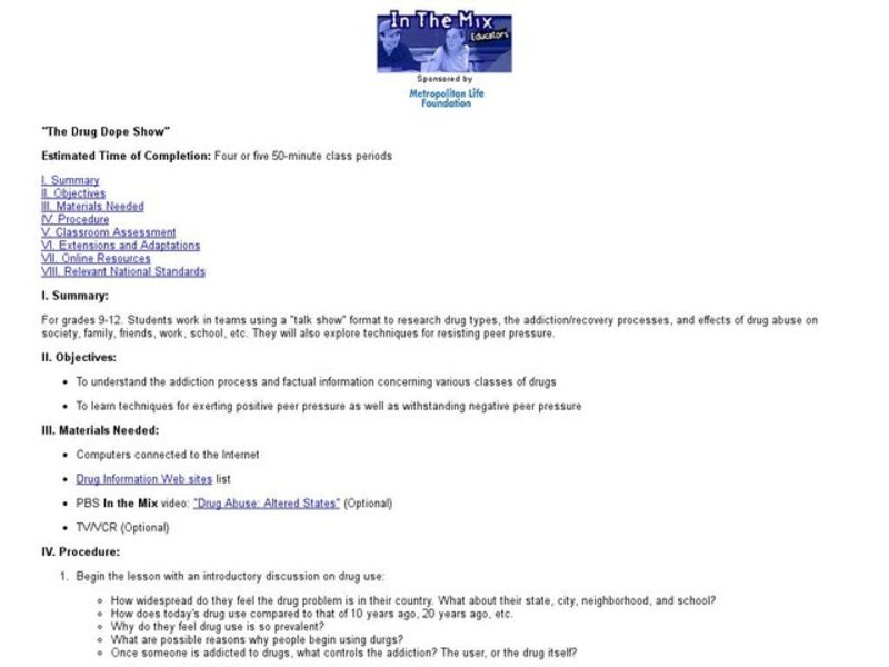 The Drug Dope Show Lesson Plan