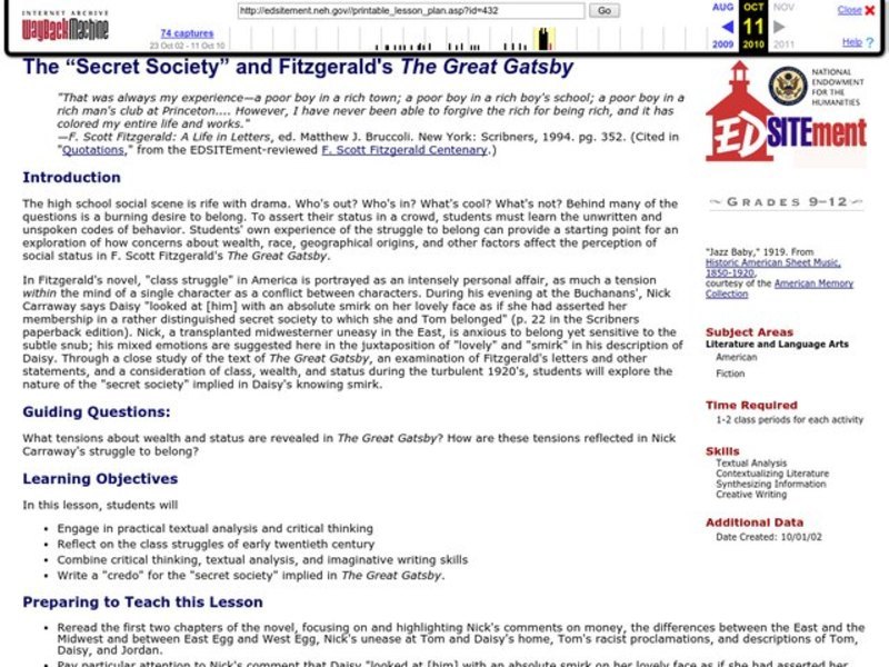 The "Secret Society" and FitzGerald's The Great Gatsby Lesson Plan