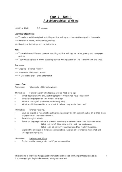 Autobiographical Writing Lesson Plan