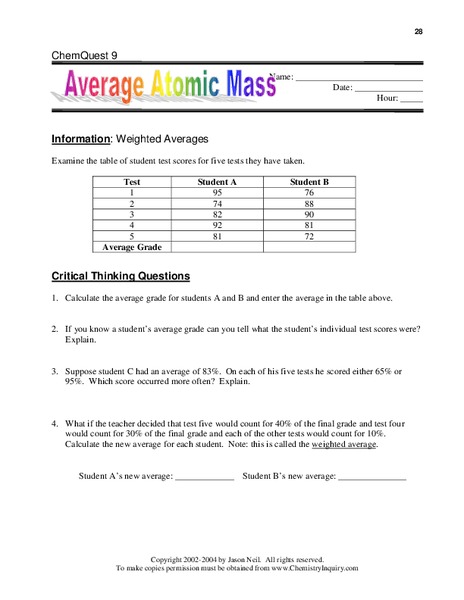 Average Atomic Mass Worksheet