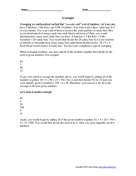 Averages Worksheet
