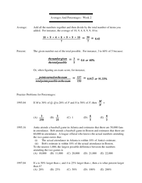 Averages and Percentages Worksheet