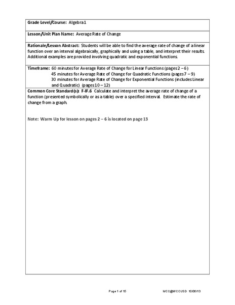 Average Rate of Change Lesson Plan