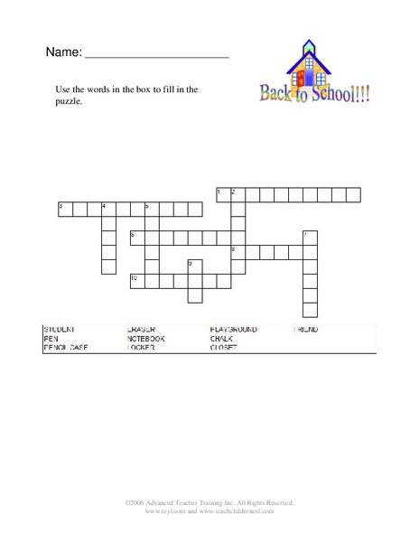 Back to School Crossword Puzzle Worksheet