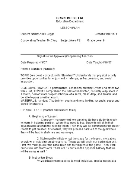Badminton Lesson Plan