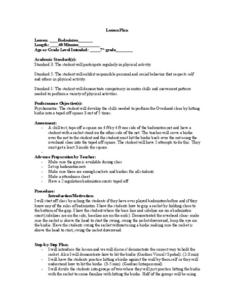 Badminton Lesson Plan