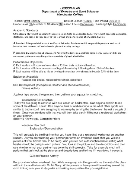 Badminton  Lesson Plan