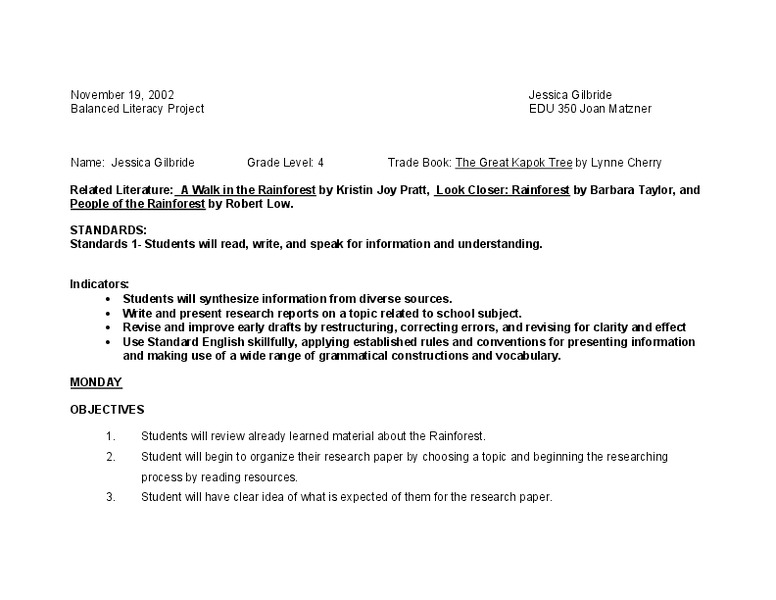 Balanced Literacy Project Lesson Plan