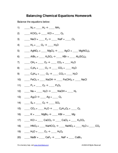 Balancing Chemical Equations Worksheet