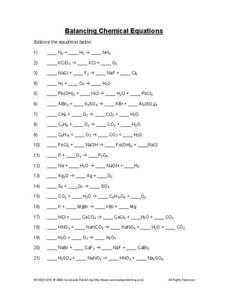 Balancing Chemical Equations Worksheet