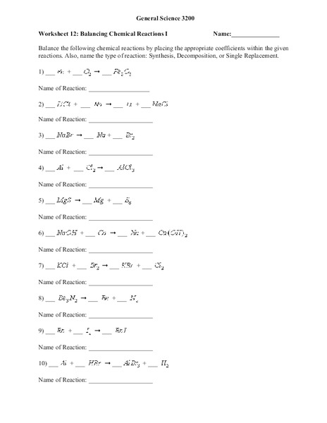 Balancing Chemical Reactions Worksheet