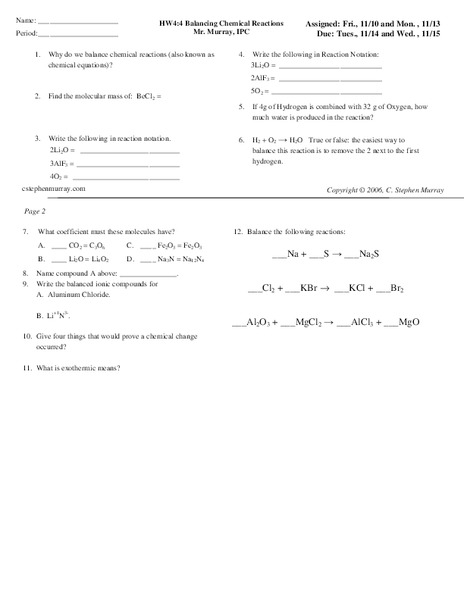 Balancing Chemical Reactions Worksheet