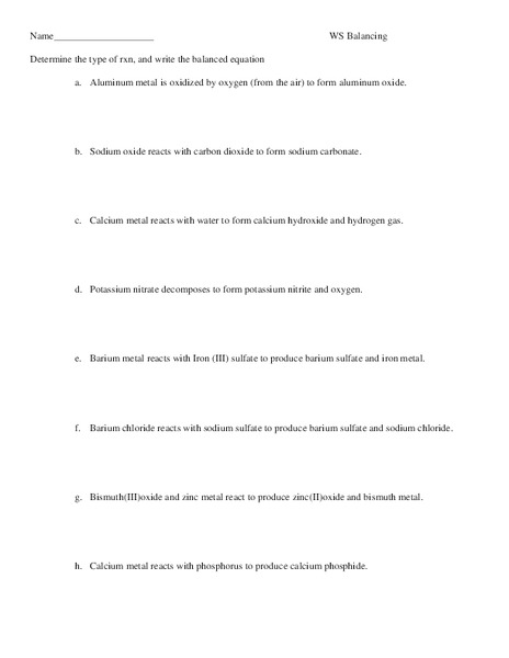 Balancing Equations Worksheet