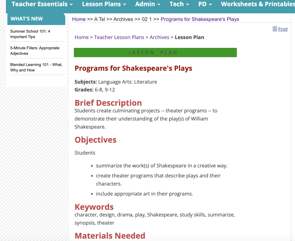 Programs for Shakespeare's Plays Lesson Plan