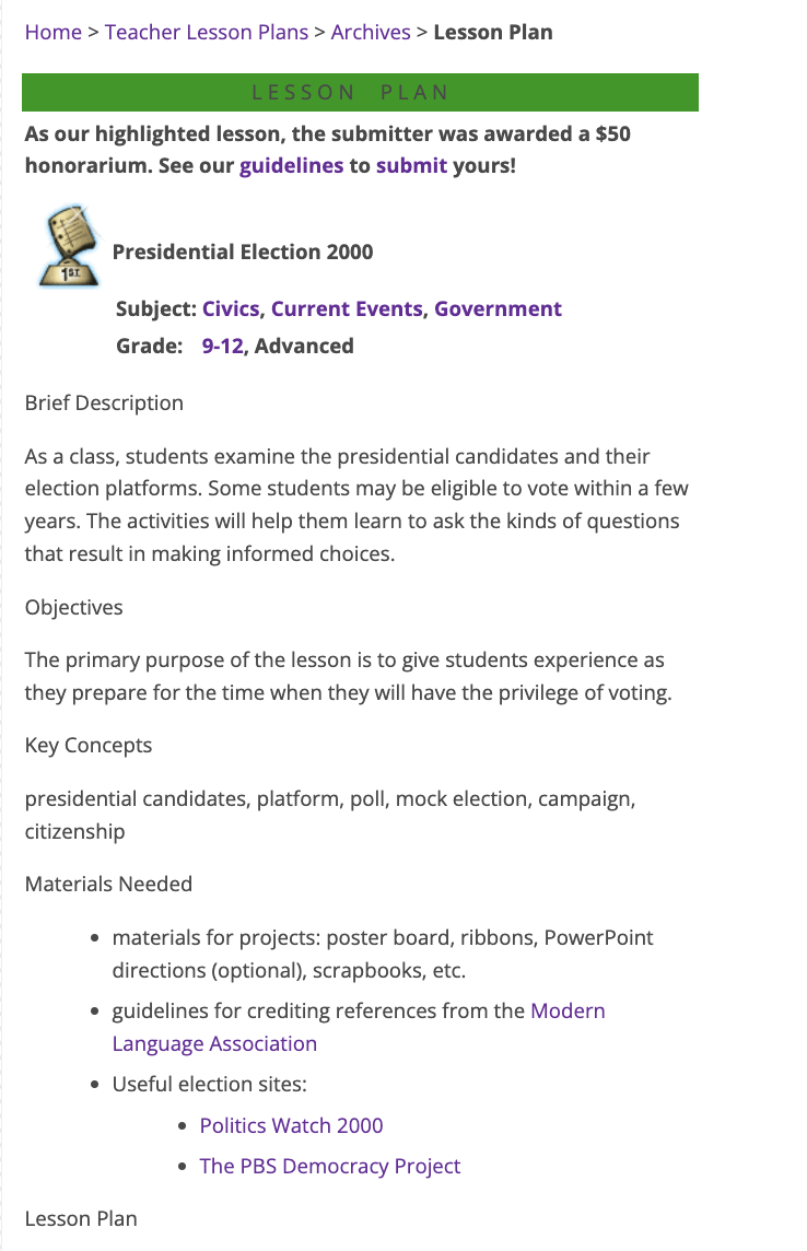 Presidential Election 2000 Lesson Plan