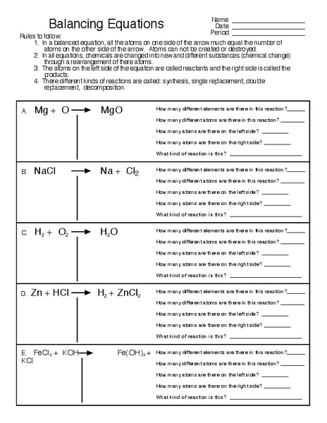 Balancing Equations Worksheet