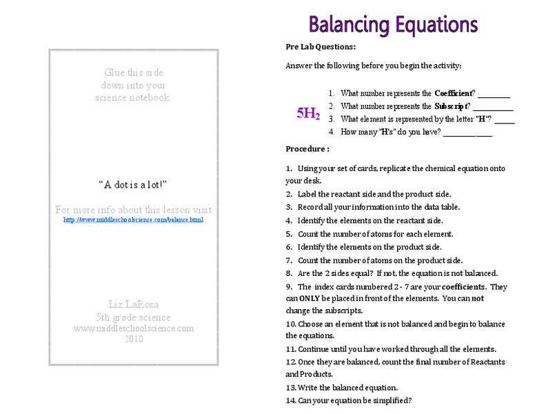 Balancing Equations Organizer